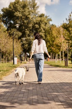 Hoş bir sonbahar kıyafeti giymiş güzel bir kadın köpeğiyle parkta geziniyor..
