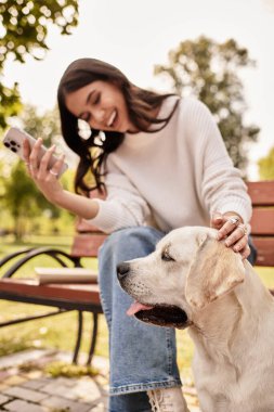 Sıcak sonbahar kıyafetleri içinde neşeli bir kadın parkta dinlenirken köpeğine gülümsüyor..