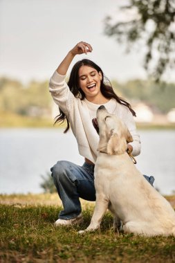 Genç bir kadın, güzel bir sonbahar gününün tadını çıkararak Golden Retriever 'ıyla meşgul olurken güler..
