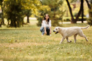 Canlı bir parkta, genç bir kadın çimenlerin üzerinde diz çöker, köpeği yakınlarda oynarken sevinçle gülümser..