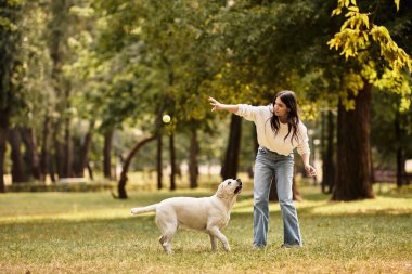 Samimi sonbahar kıyafetleri içinde genç bir kadın köpeği için parkta mutlu bir şekilde top atıyor..