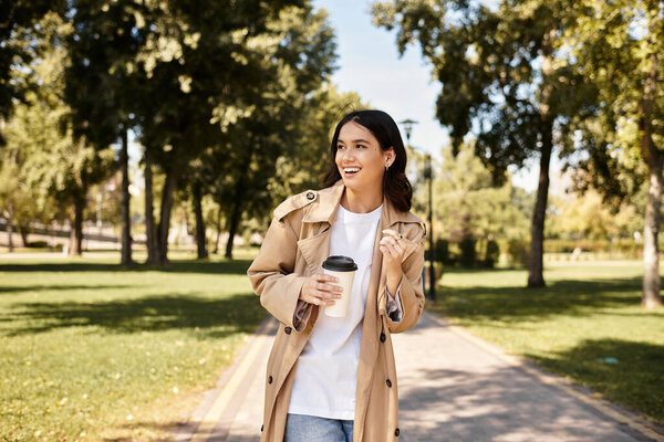 A young woman dressed in cozy autumn attire walks happily through a park, sipping her drink.