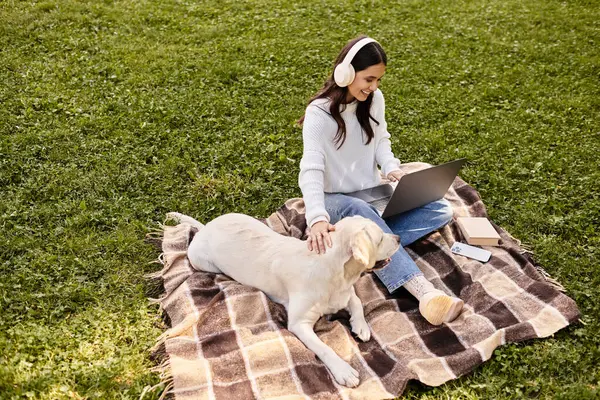 Genç bir kadın parkta rahat bir battaniyeye oturmuş köpeğini okşarken dizüstü bilgisayarıyla çalışıyor..