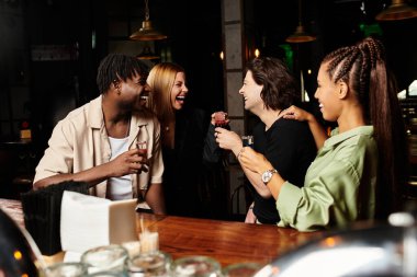 Diverse professionals enjoying drinks and laughter at a fun corporate party with friends. clipart