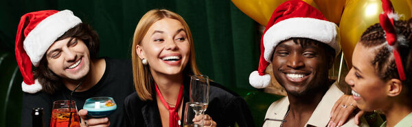A vibrant corporate party atmosphere features diverse young colleagues enjoying festive drinks.
