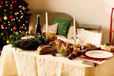 Delicious festive food on table, wine and bread. clipart