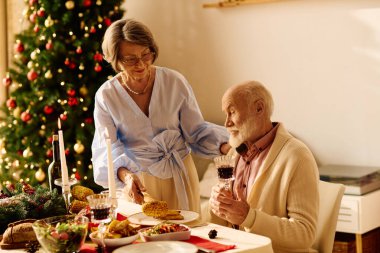 Üst düzey bir çift, dekorasyon ve şenlikli yiyeceklerle çevrili sıcak bir Noel yemeğinin tadını çıkarıyor..