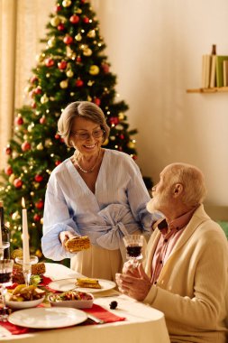 Neşeli bir son sınıf çifti evde rahat bir Noel kutlaması yapıyor, yemek ve kahkaha paylaşıyorlar..