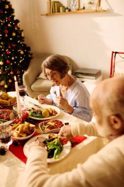 Yaşlı bir çift, sevgi ve şenlik neşesiyle dolu keyifli bir Noel yemeğini paylaşıyor..