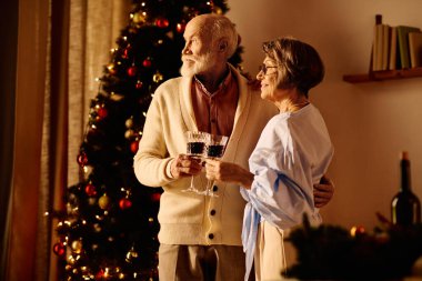 Neşeli bir son sınıf çifti, rahat evlerinde Noel süsleriyle çevrili iken içkilerini paylaşır..