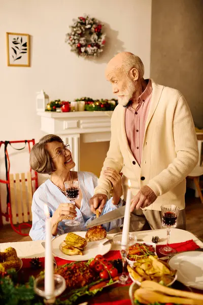 Kıdemli bir çift evdeki sıcak Noel yemeği sırasında kahkaha ve şaraptan hoşlanır..