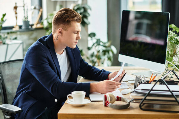 A young, handsome businessman with an artificial limb focuses on his work in a contemporary office environment.
