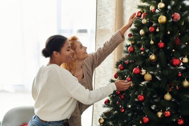 İki kadın neşeli bir şekilde Noel ağaçlarını sıcak, parlak bir oturma odasında süslüyor..