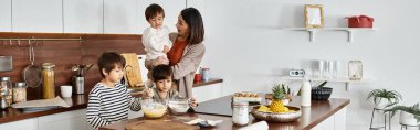 A cheerful grandmother enjoys baking with her grandsons, creating festive treats before Christmas. clipart