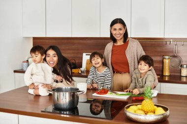 Neşeli bir Asyalı aile modern bir mutfakta toplanıyor, Noel 'den önce birlikte yemek pişiriyor ve hazırlanıyorlar..