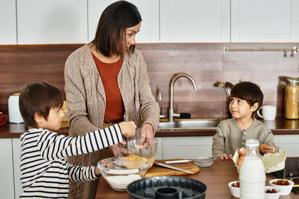 A happy grandmother and her grandsons joyfully prepare festive baked goods together for Christmas.