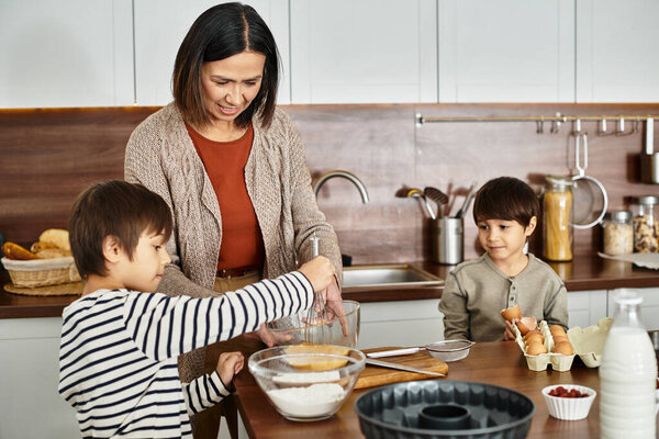 A happy grandmother shares delightful moments baking festive goodies with her grandsons during winter holidays.