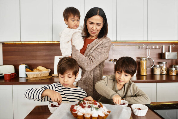 A joyful family prepares holiday baked goods, with children helping while enjoying quality time together.