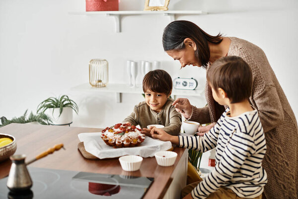 A joyful family gathers in a sleek kitchen to bake festive goodies, with children actively participating.