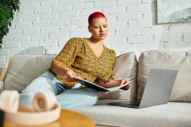 Güzel, kel bir kadın modern ve şık bir yerde dinlenirken evrak işlerine odaklanıyor..