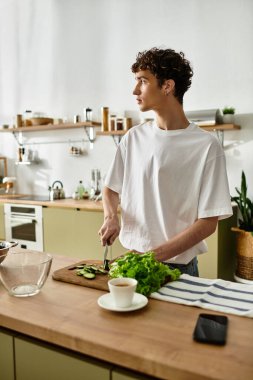 In a sleek kitchen, a young man with curly hair skillfully chops vegetables while preparing a nutritious salad. clipart