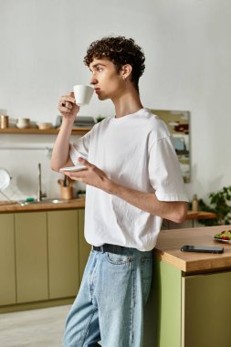 Yakışıklı bir genç adam modern mutfağında dikilirken bir fincan kahvenin tadını çıkarıyor..