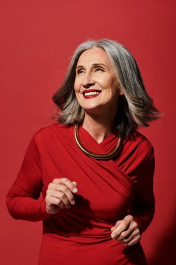 Gri saçlı güzel olgun bir kadın Noel 'i ve yeni yılı sıcacık bir gülümsemeyle kutluyor..
