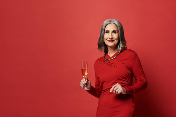 Зрелая женщина с седыми волосами радостно поднимает бокал, обнимая дух праздника в яркой обстановке.