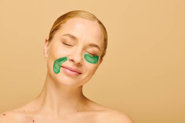 A young plus size woman beams with joy, enjoying her skincare ritual with green patches. clipart