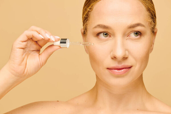 A confident plus size woman applies skincare serum, radiating self love and beauty.