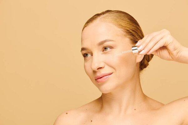 A young beautiful plus size woman gently applies a serum to her face, radiating confidence and joy.