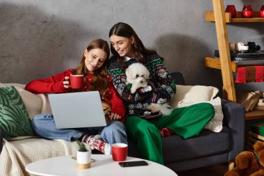 Samimi kazaklı iki kız arkadaş tatilin tadını çıkarırken Bichon Frise köpeklerini dizüstü bilgisayarın yanında kucaklıyorlar..