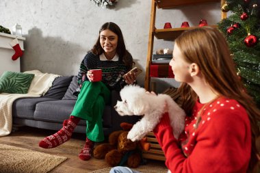 Tatilin neşesini kutlayan iki kız arkadaş, evde kabarık tüylü Bichon Frise 'leriyle sıcak içeceklerin tadını çıkarıyorlar..