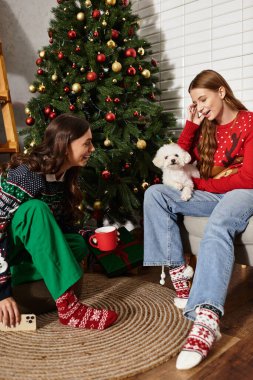 Şenlikli kazaklı iki arkadaş sevimli Bichon frizleriyle rahat bir Noel anının tadını çıkarıyorlar..