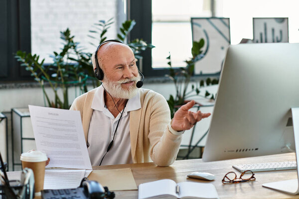 A stylish senior businessman is actively participating in a video call while seated at his desk.