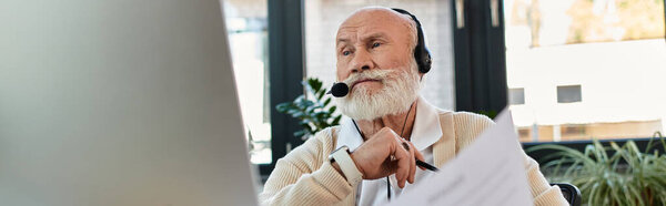 A senior businessman with a beard actively participates in discussions, immersed in modern office work.
