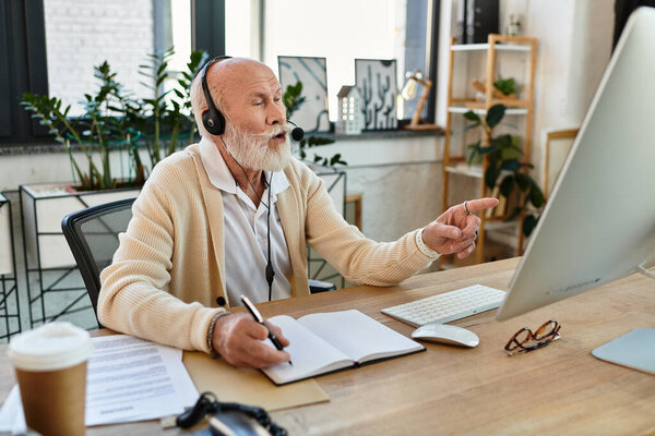 A seasoned professional with a beard actively participates in a virtual meeting, taking notes.