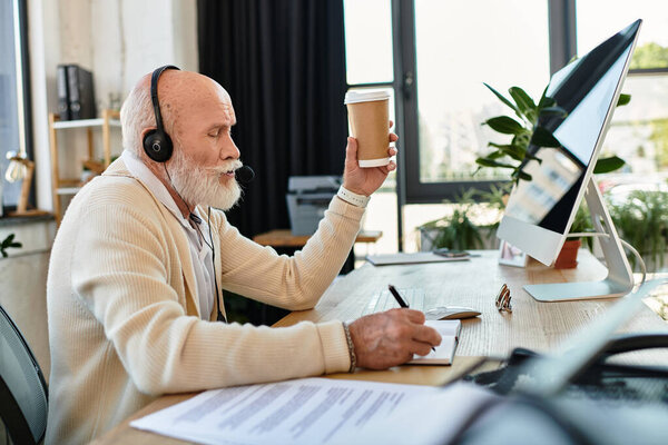 A stylish senior professional sips coffee while jotting notes at a sleek office desk, deep in concentration.