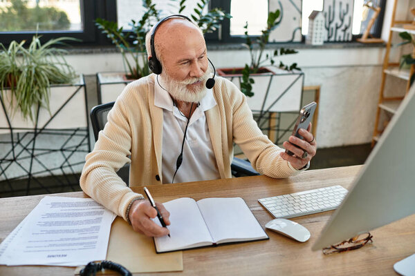 A bearded senior manager, dressed in smart casual wear, actively participates in remote work while using technology.