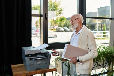 A distinguished senior businessman organizes documents while working in a stylish office space. clipart