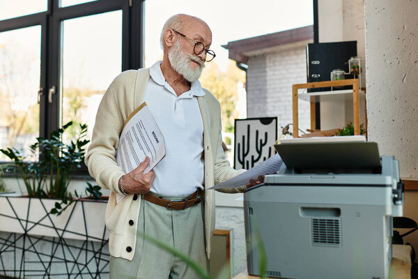 A senior businessman in smart casual attire examines important documents while standing by a printer.