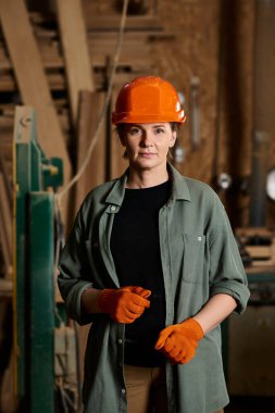 A female carpenter skillfully works with wood while surrounded by tools in a warm workshop. clipart