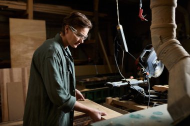 A dedicated carpenter meticulously works on wood, showcasing her craftsmanship in a well-equipped workshop. clipart