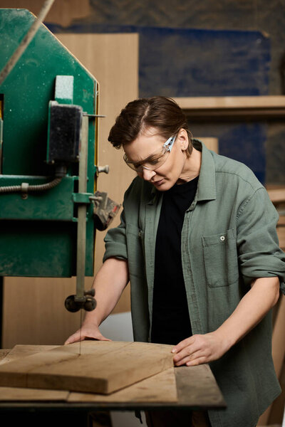 In a vibrant workshop, a female carpenter carefully shapes a wooden piece, showcasing her dedication and skill.