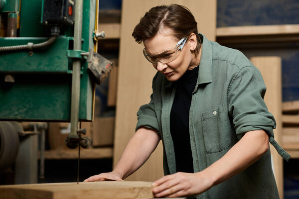 A dedicated carpenter meticulously works with wood in a well-equipped workshop, focused and precise.