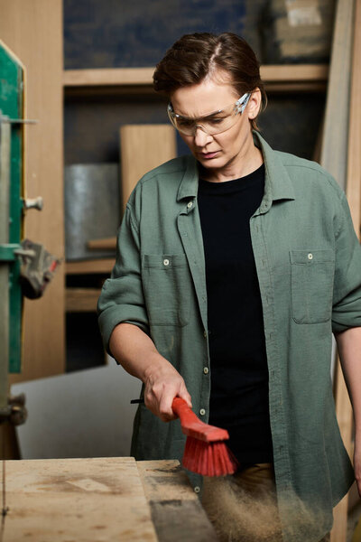 A skilled carpenter carefully removes dust from a wooden surface in her bright workshop.