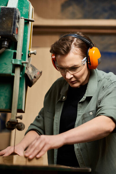 A focused female carpenter works diligently with wood, showcasing her craftsmanship and dedication to woodworking.