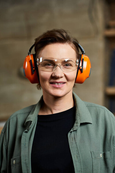 Целеустремленная плотница мастерски работает в своей мастерской, заполненной инструментами.