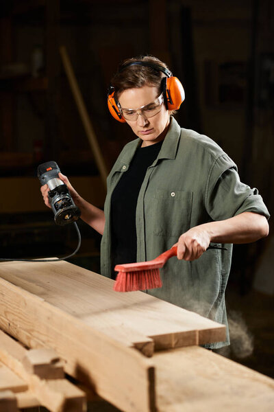 Focused on her craft, a female carpenter expertly shapes planks while ensuring safety and precision in the workshop.