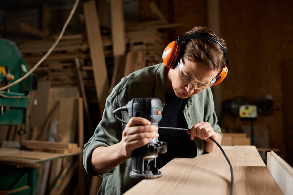 A focused carpenter works diligently on a wooden piece, using a power tool in her well-equipped workshop.